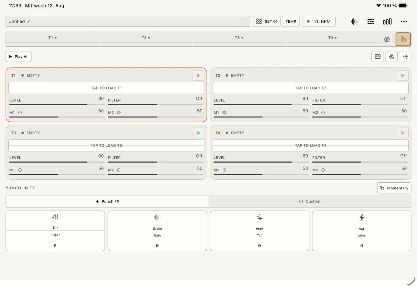 Perform on iPhone and iPad: four track panels with level, filter and macros, above the Punch-in FX row. (iPad)