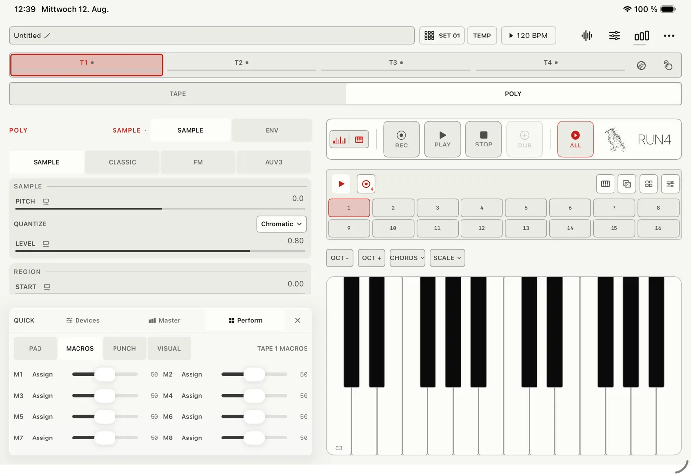 Poly on iPhone and iPad: keyboard, pattern, and sample or synth controls for the selected track. (iPad)