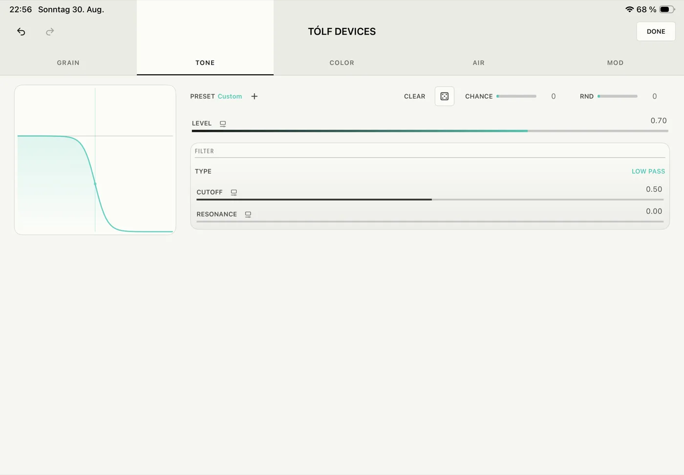 TÓLF's Master Devices, here showing Color and Tone: effects for the whole project rather than one track. (iPad)