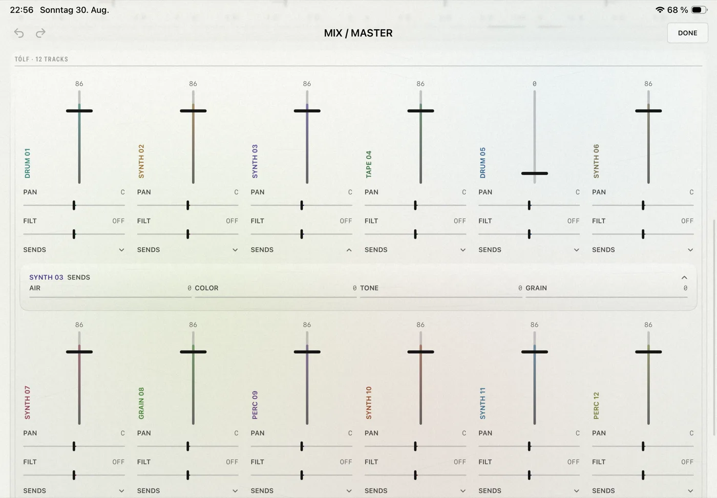 TÓLF's channels on Mix/Master, on iPhone and iPad: the same channel strip RUN4's tracks use. (iPad)