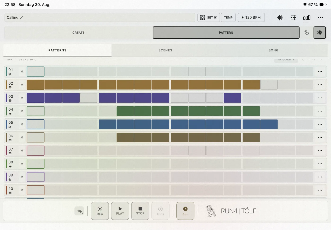The PATTERN view on iPhone and iPad: all twelve tracks at once, with one playhead across every row. (iPad)