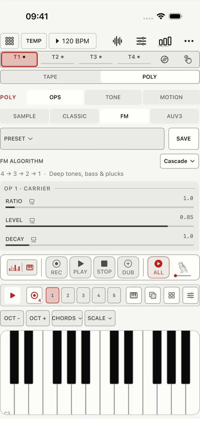 Poly on iPhone and iPad: keyboard, pattern, and sample or synth controls for the selected track. (iPhone)