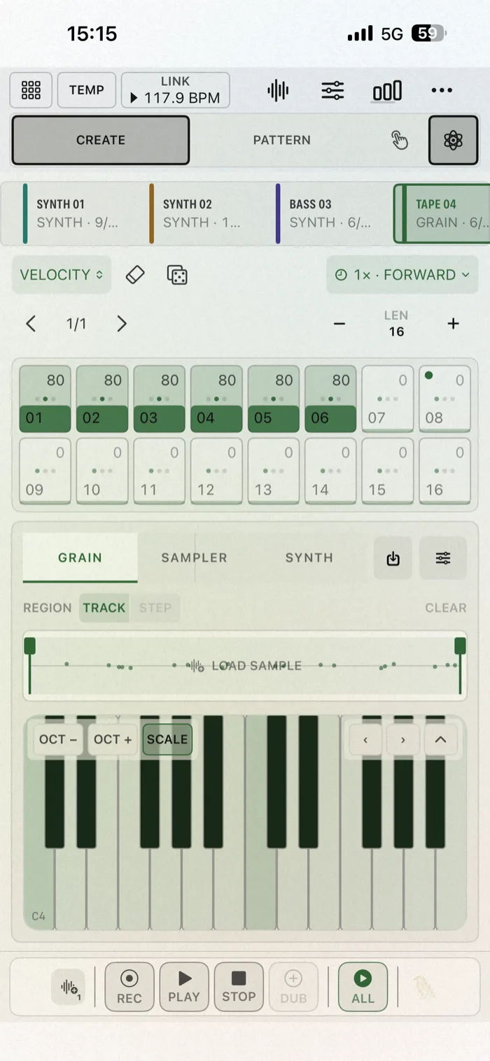 CREATE on iPhone and iPad: the step deck, the keyboard and the selected track's sound. (iPhone)