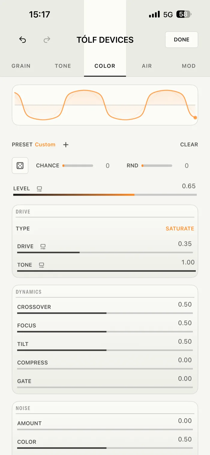 TÓLF's Master Devices, here showing Color and Tone: effects for the whole project rather than one track. (iPhone)