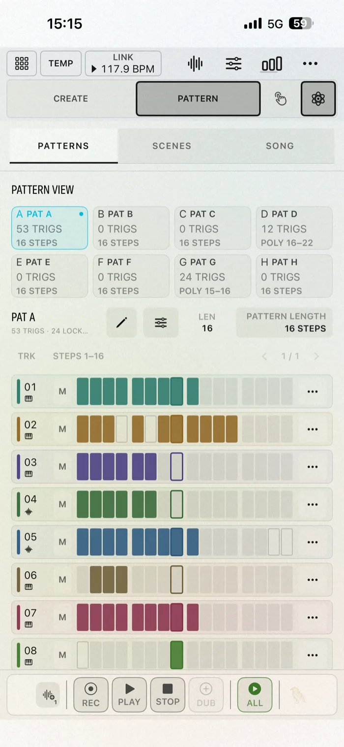 The PATTERN view on iPhone and iPad: all twelve tracks at once, with one playhead across every row. (iPhone)