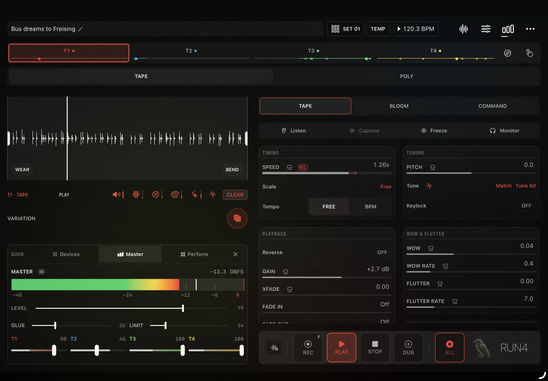 RUN4 Tape on iPad, with waveform, tape controls and the Master dock.