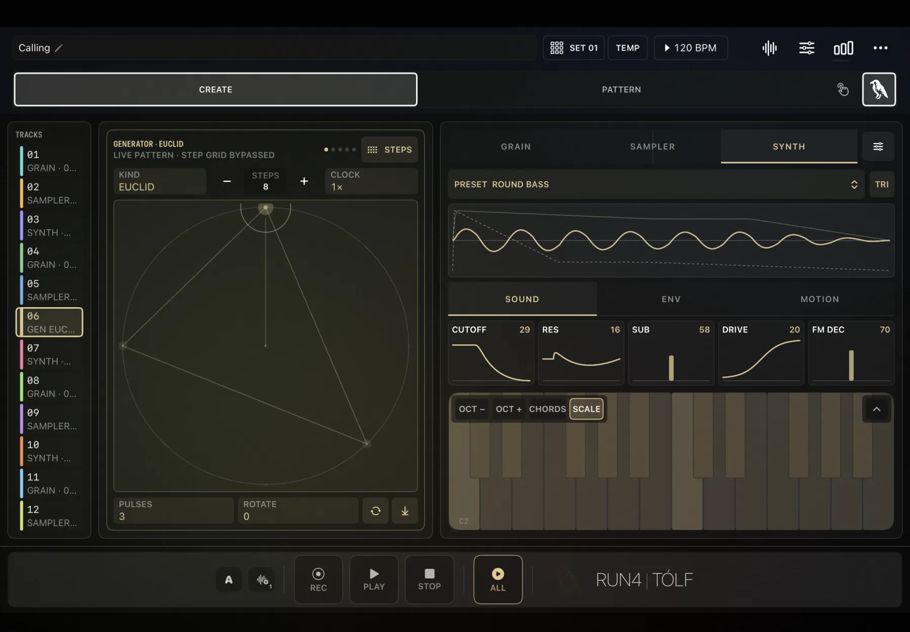 TÓLF CREATE: twelve tracks, a Euclidean generator and synthesizer keyboard.
