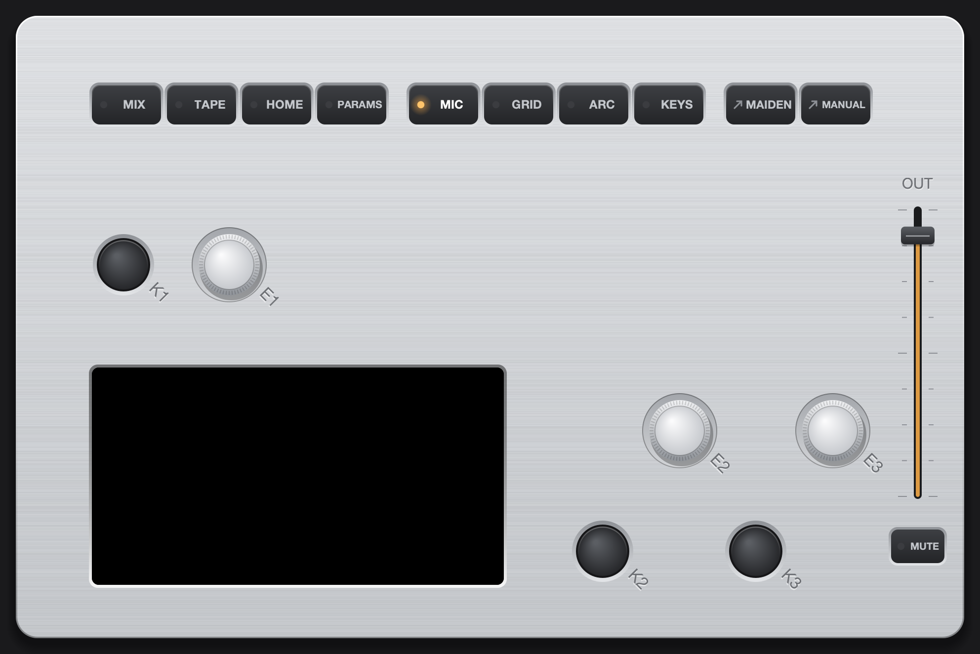 The Verdandi window: the norns device with keys K1 to K3, encoders E1 to E3, the screen, the menu buttons and an output fader